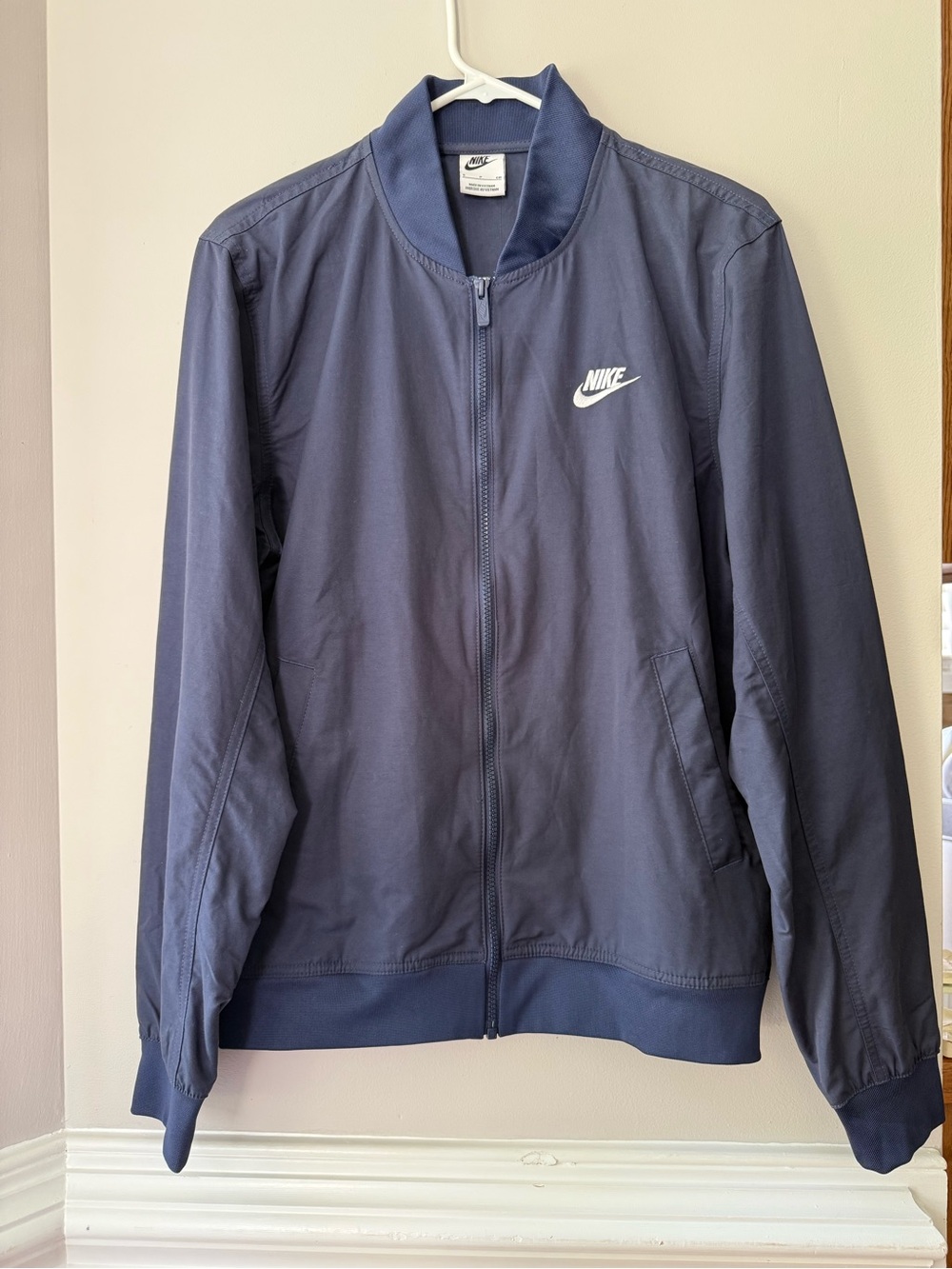 Nike Men's Navy Blue Lightweight Bomber Jacket with White Swoosh Size S